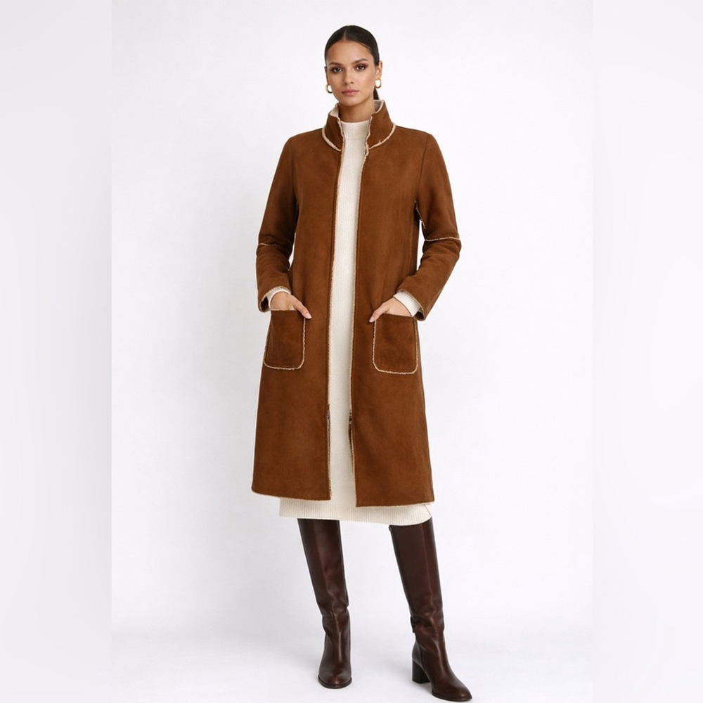 Velvet Faux Shearling Zip Coat – Brown Tan Teddy Jacket medium